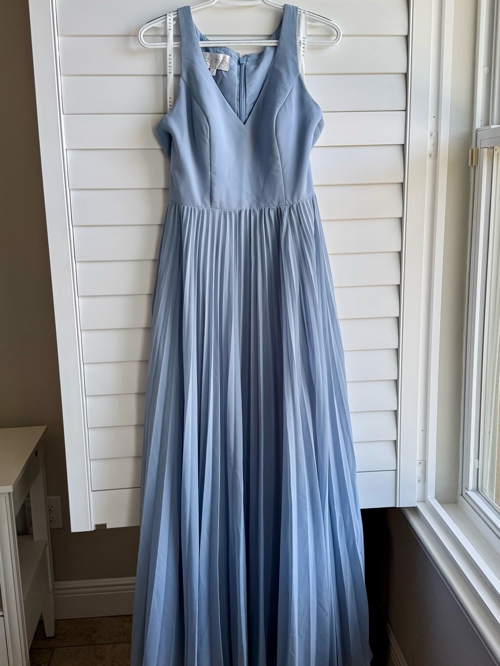 Azazie Dusty Blue V-Neck Pleated Maxi Dress | Size A6